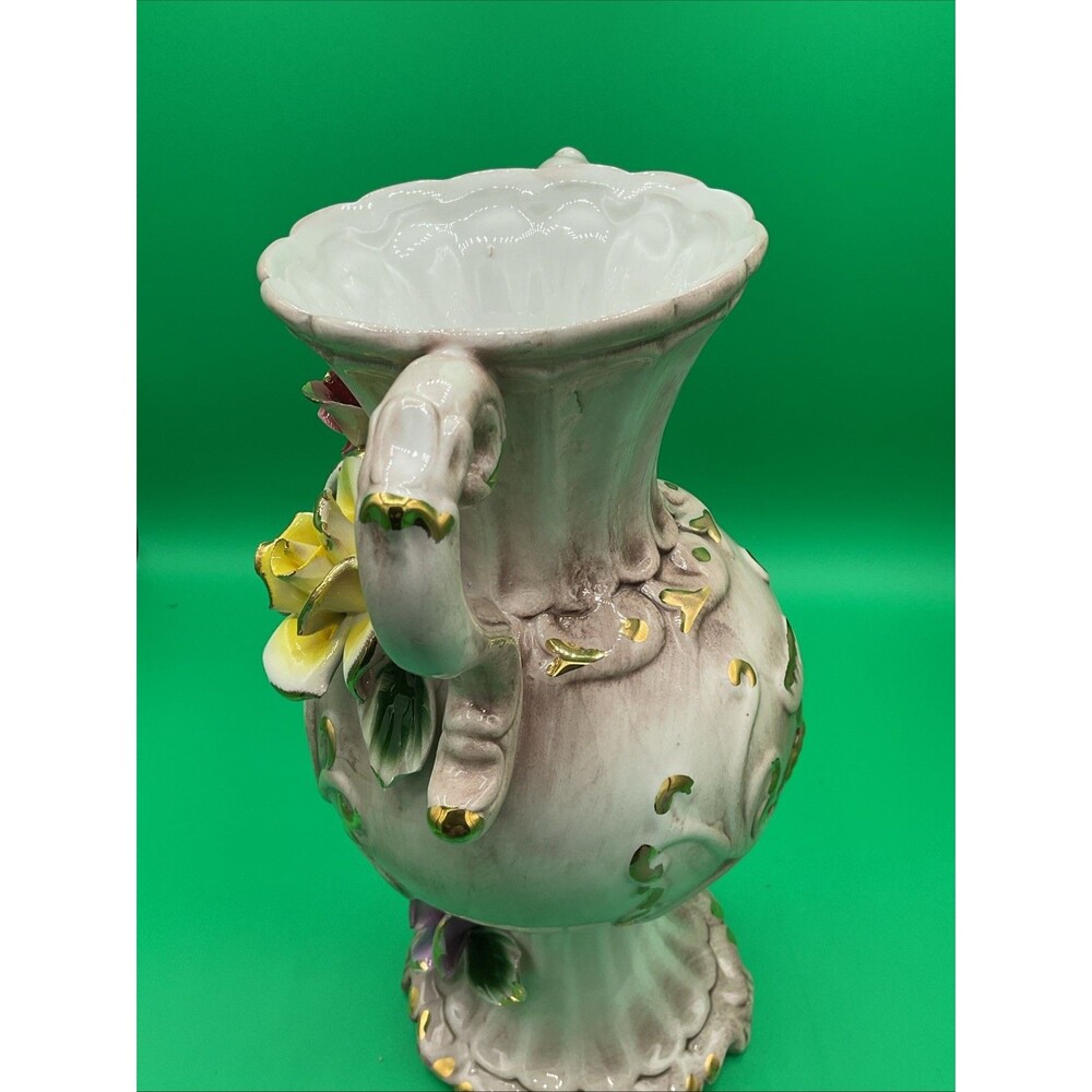 Vintage Porcelain Capodimonie Italian Floral Vase With Three Roses Two Handle - Picture 13 of 17